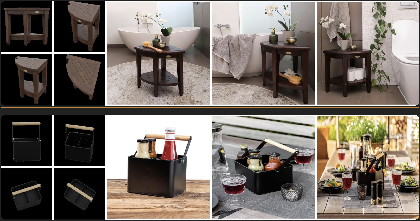 Multi-view product images paired with generated lifestyle scenes